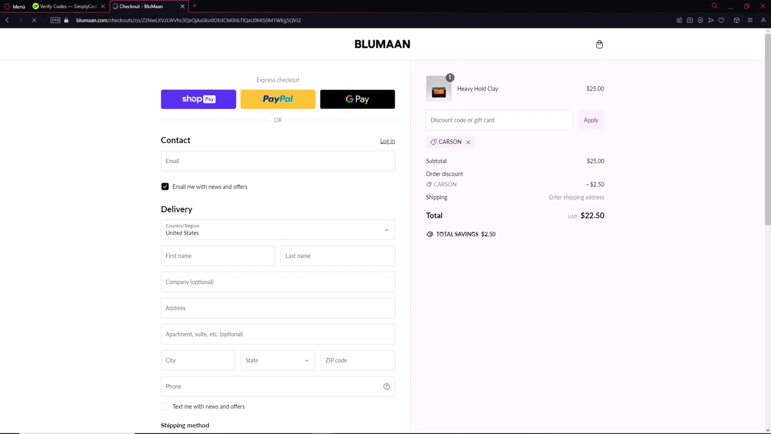 BluMaan discount code screenshot showing code CARSON applied at BluMaan checkout page. Uploaded by SimplyCodes community member NobleCollector3799 on Jan 21, 2025