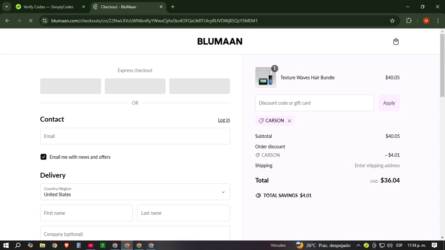 BluMaan discount code screenshot showing code CARSON applied at BluMaan checkout page. Uploaded by SimplyCodes community member NobleSentinel6058 on Dec 29, 2024
