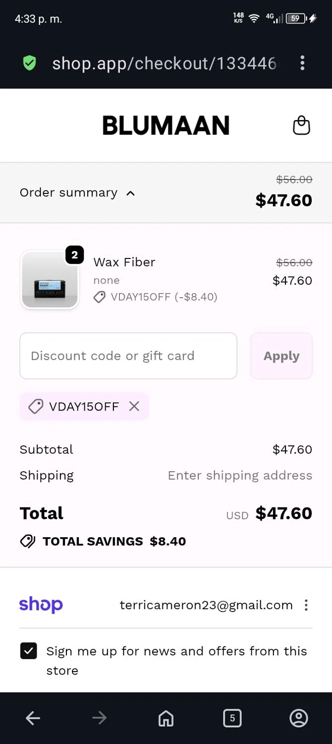 BluMaan checkout page showing BluMaan discount code box | Screenshot taken by SimplyCodes community member on Feb 13, 2026