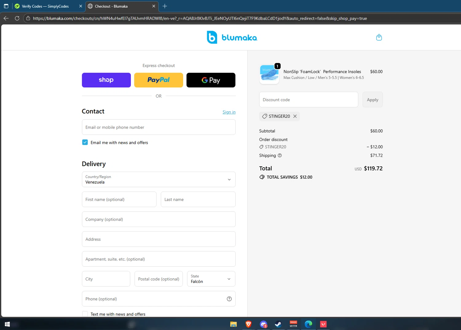 Blumaka promo code screenshot showing code STINGER20 applied at Blumaka checkout page. Uploaded by SimplyCodes community member Vipera on Nov 4, 2025