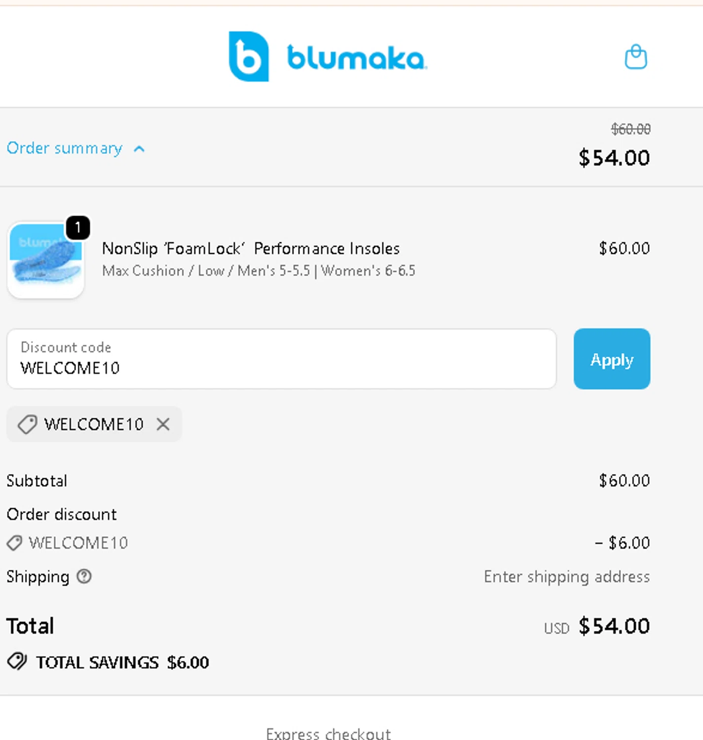 Blumaka promo code screenshot showing code WELCOME10 applied at Blumaka checkout page. Uploaded by SimplyCodes community member AMANDA2681 on Nov 4, 2025