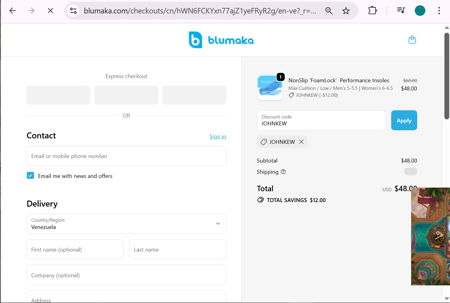 Blumaka promo code screenshot showing code JOHNKEW applied at Blumaka checkout page. Uploaded by SimplyCodes community member anosesmith on Dec 9, 2025