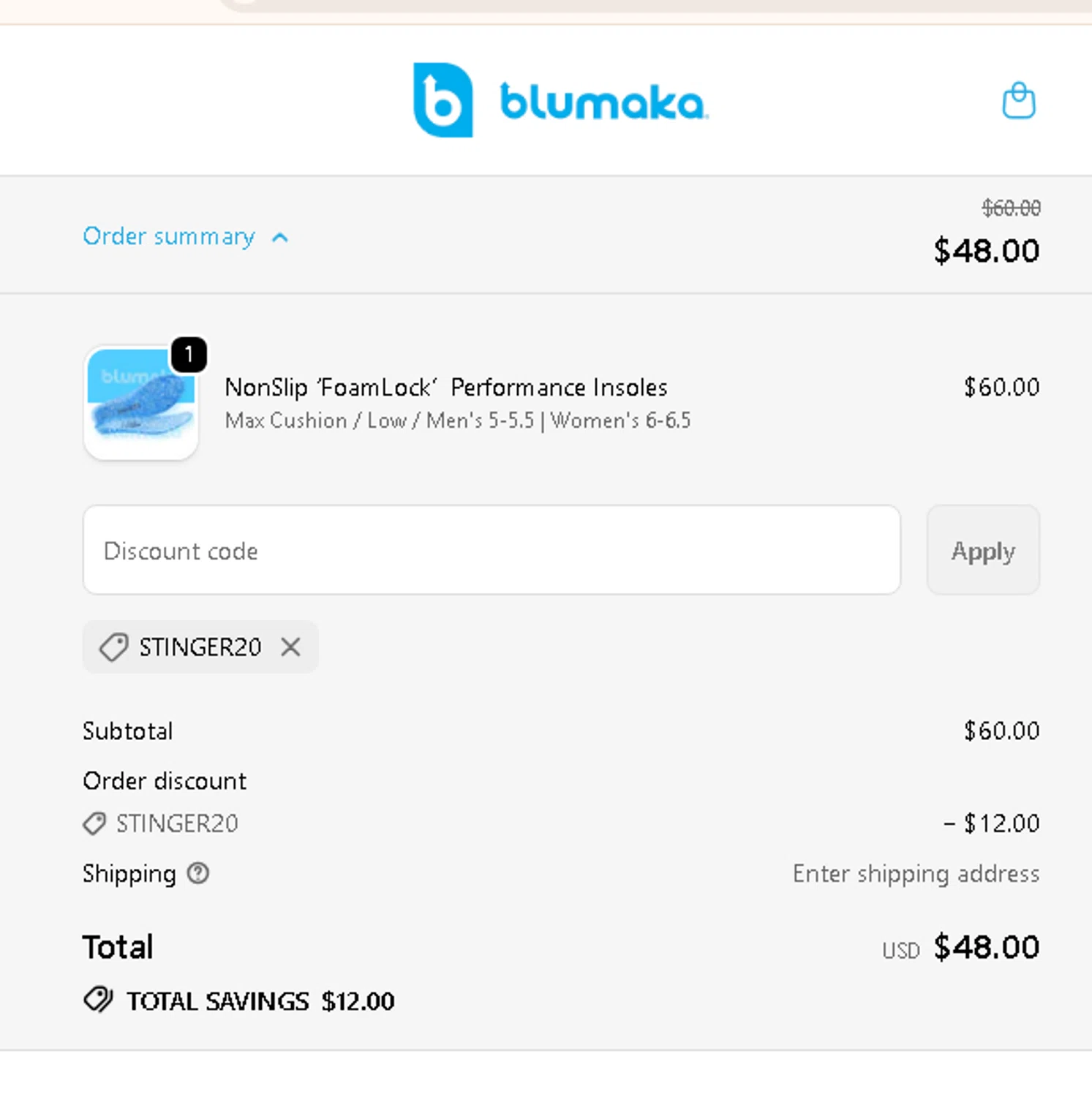 Blumaka promo code screenshot showing code STINGER20 applied at Blumaka checkout page. Uploaded by SimplyCodes community member carmenamandabritoser on Nov 4, 2025
