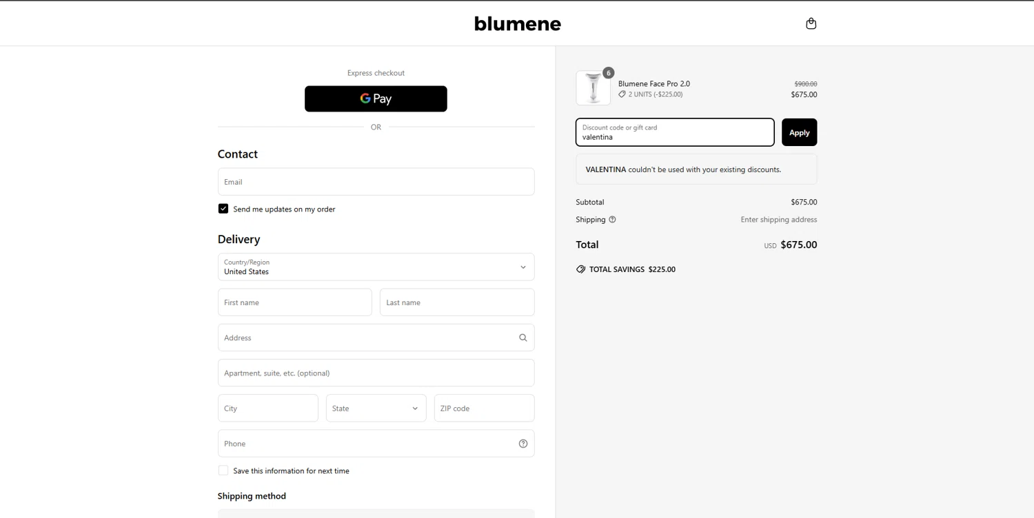 blumene discount code screenshot showing code valentina applied at blumene checkout page. Uploaded by SimplyCodes community member BrilliantVoyager5752 on Mar 27, 2025