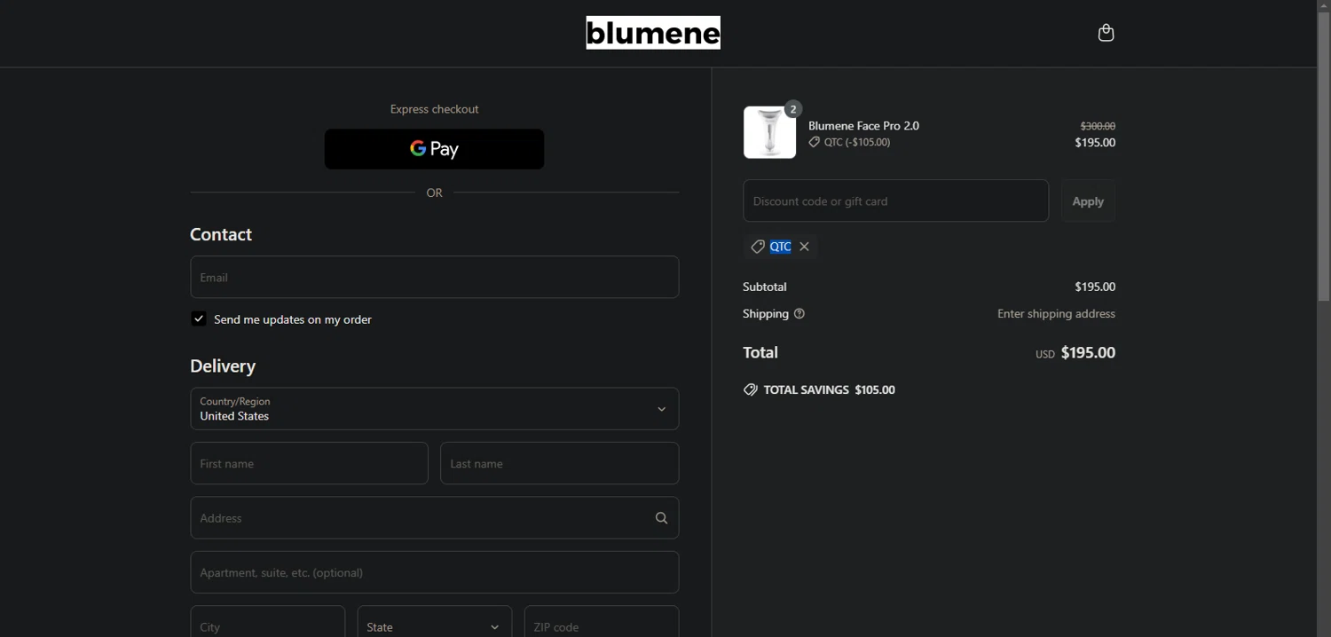 blumene discount code screenshot showing code QTC applied at blumene checkout page. Uploaded by SimplyCodes community member Nor_man on Mar 27, 2025
