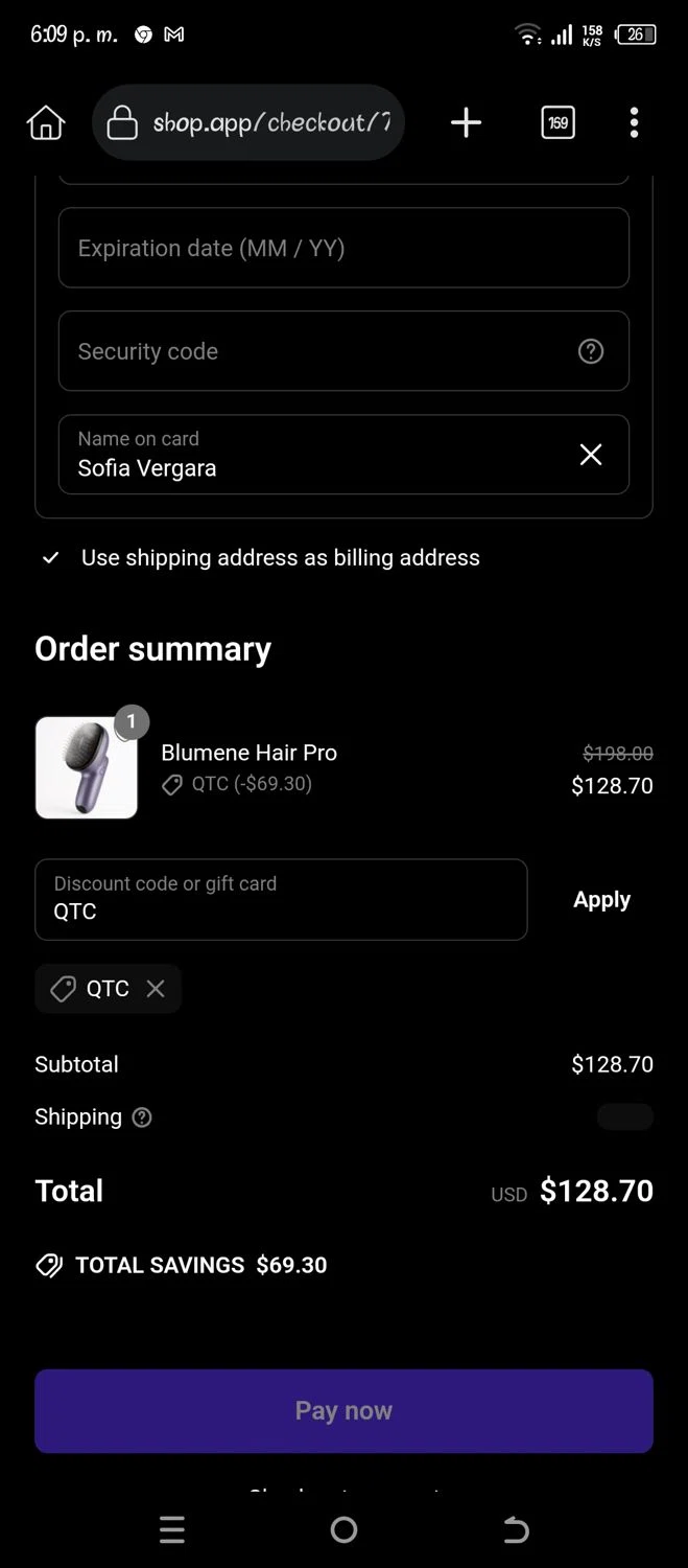 blumene discount code screenshot showing code QTC applied at blumene checkout page. Uploaded by SimplyCodes community member Pipina11 on Jun 15, 2025