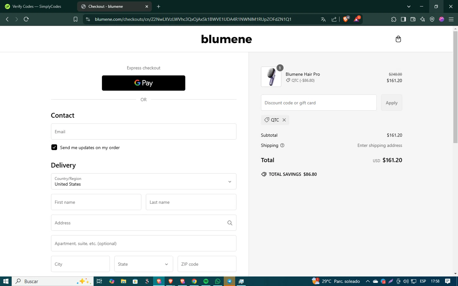 blumene discount code screenshot showing code QTC applied at blumene checkout page. Uploaded by SimplyCodes community member SmartSaver5448 on Feb 17, 2025