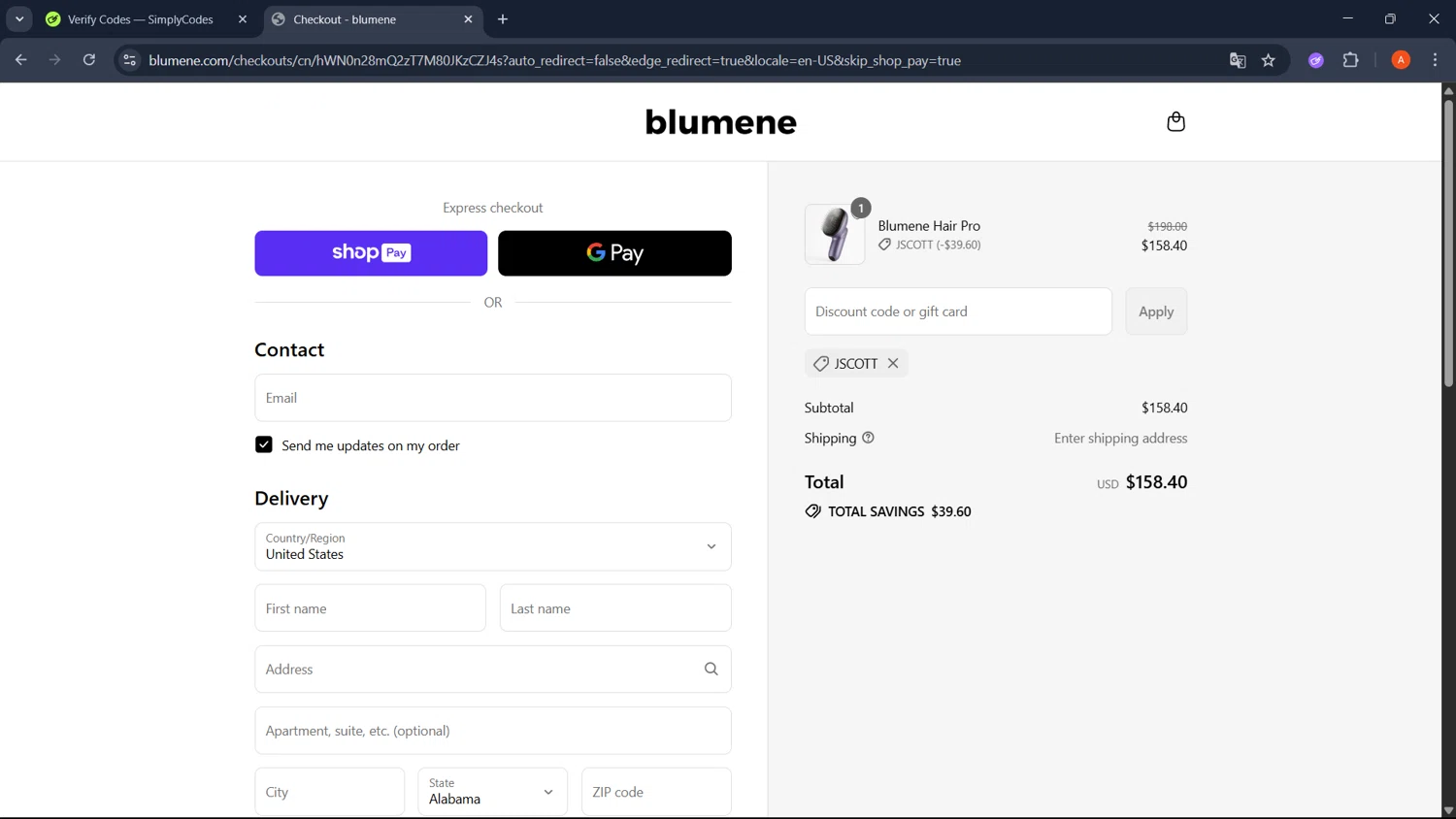 blumene discount code screenshot showing code JSCOTT applied at blumene checkout page. Uploaded by SimplyCodes community member GoldChaser2970 on Jul 19, 2025