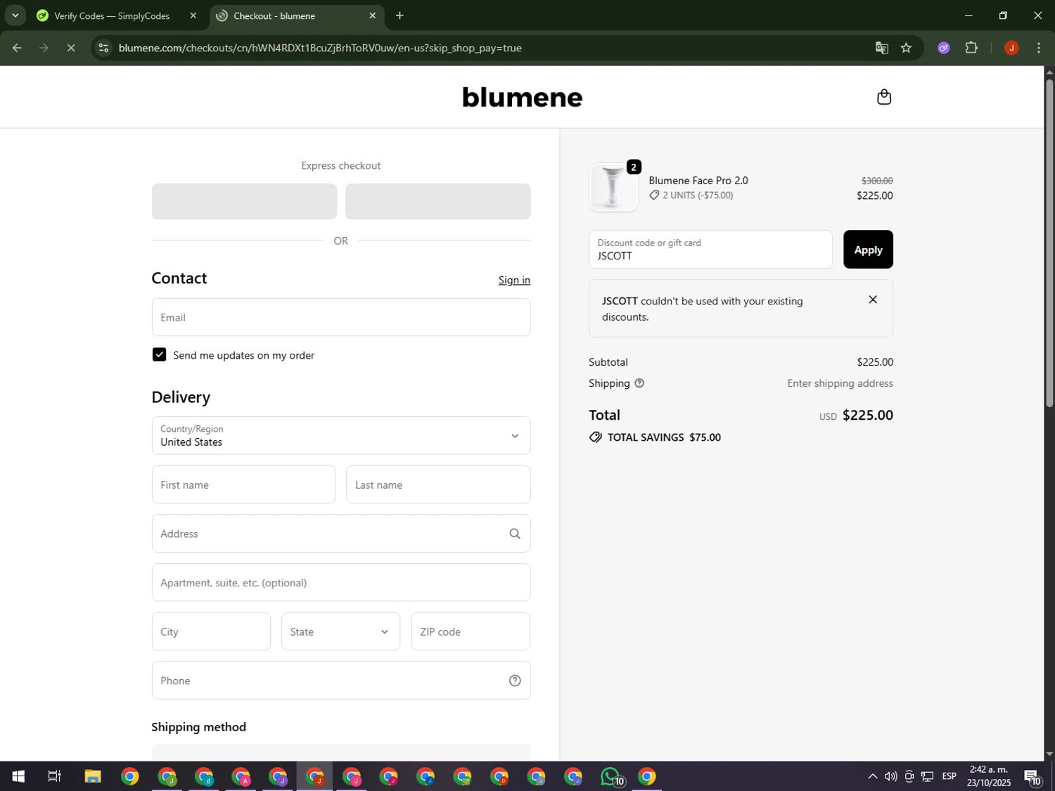 blumene discount code screenshot showing code JSCOTT applied at blumene checkout page. Uploaded by SimplyCodes community member KimDokja on Oct 23, 2025