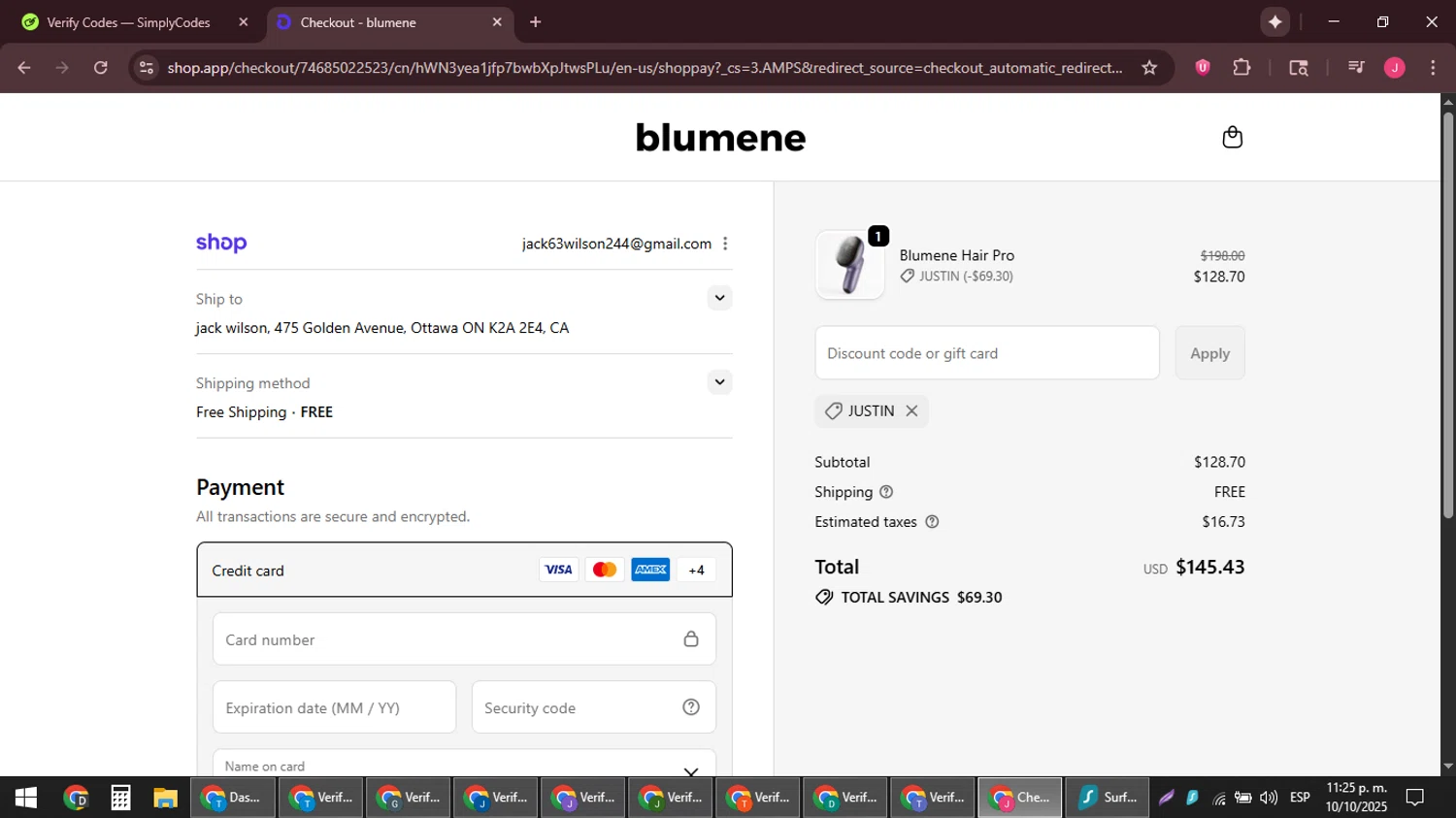 blumene discount code screenshot showing code JUSTIN applied at blumene checkout page. Uploaded by SimplyCodes community member JackWilson63 on Oct 11, 2025