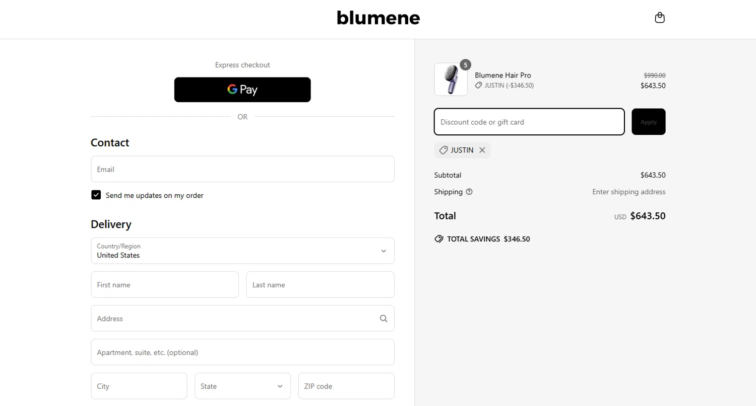 blumene discount code screenshot showing code JUSTIN applied at blumene checkout page. Uploaded by SimplyCodes community member Kmacho on Mar 27, 2025