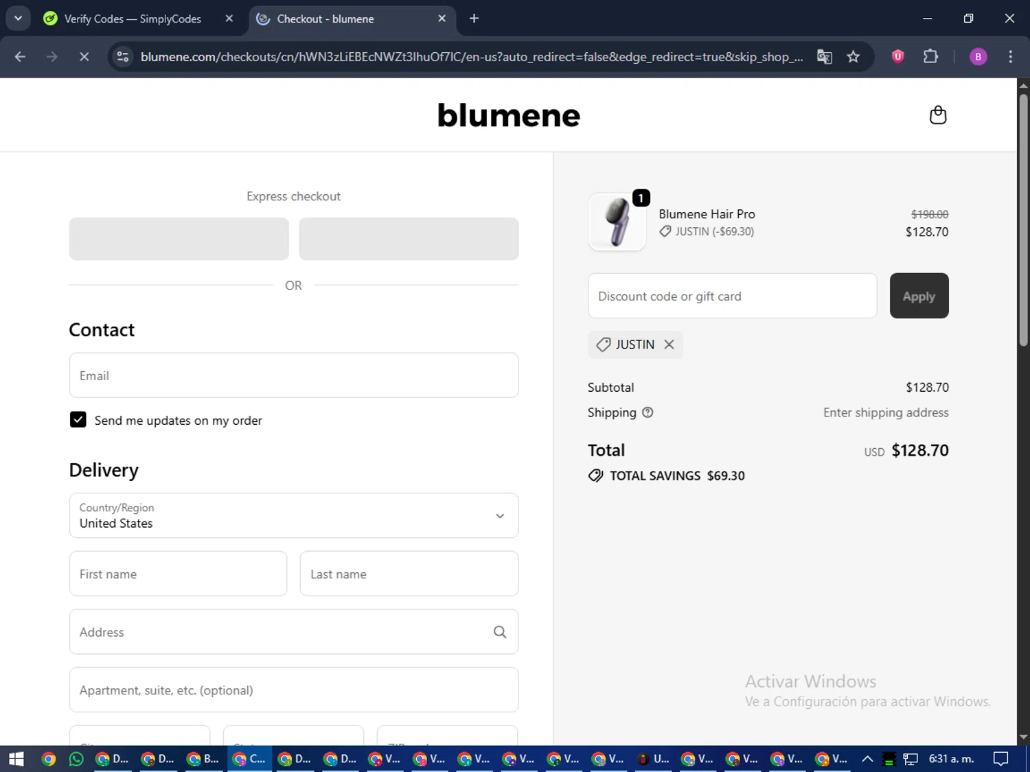 blumene discount code screenshot showing code JUSTIN applied at blumene checkout page. Uploaded by SimplyCodes community member travisscott on Oct 11, 2025