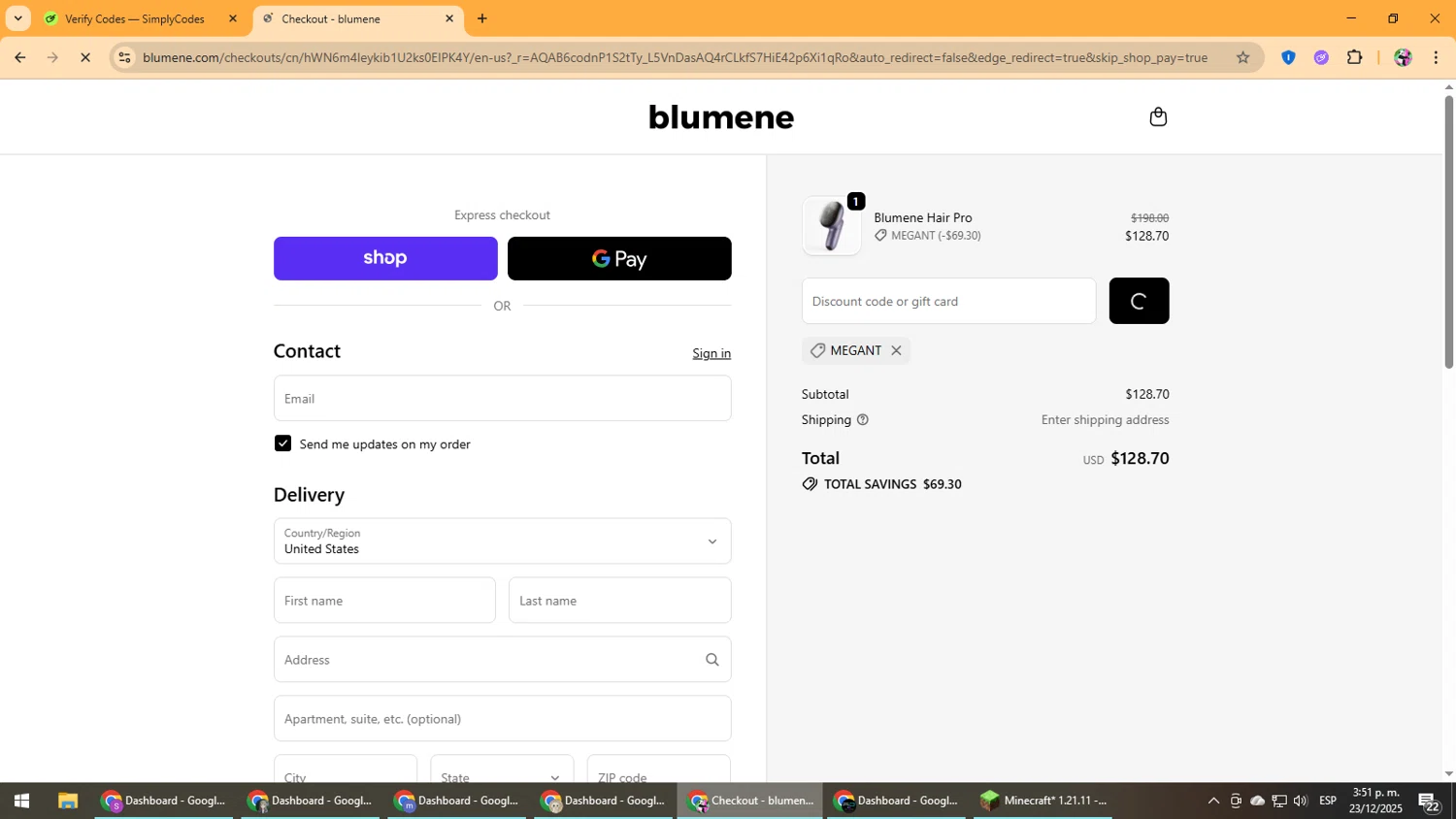blumene discount code screenshot showing code MEGANT applied at blumene checkout page. Uploaded by SimplyCodes community member Vanmanuel on Dec 23, 2025