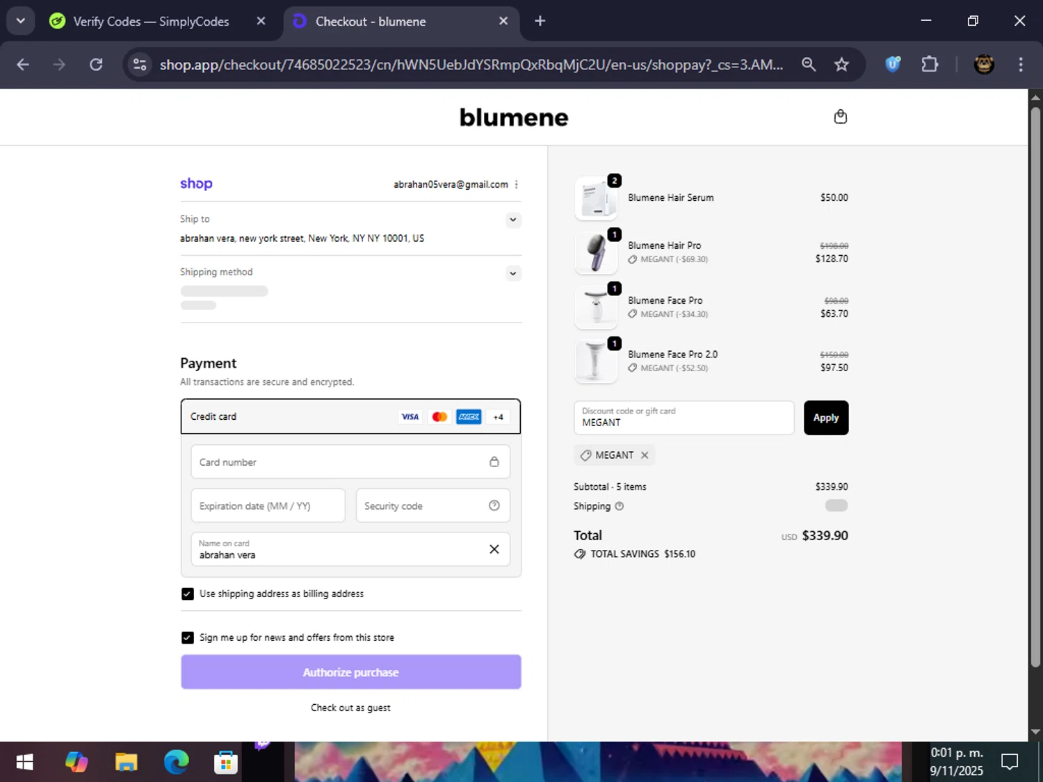 blumene discount code screenshot showing code MEGANT applied at blumene checkout page. Uploaded by SimplyCodes community member abrahanv on Nov 20, 2025