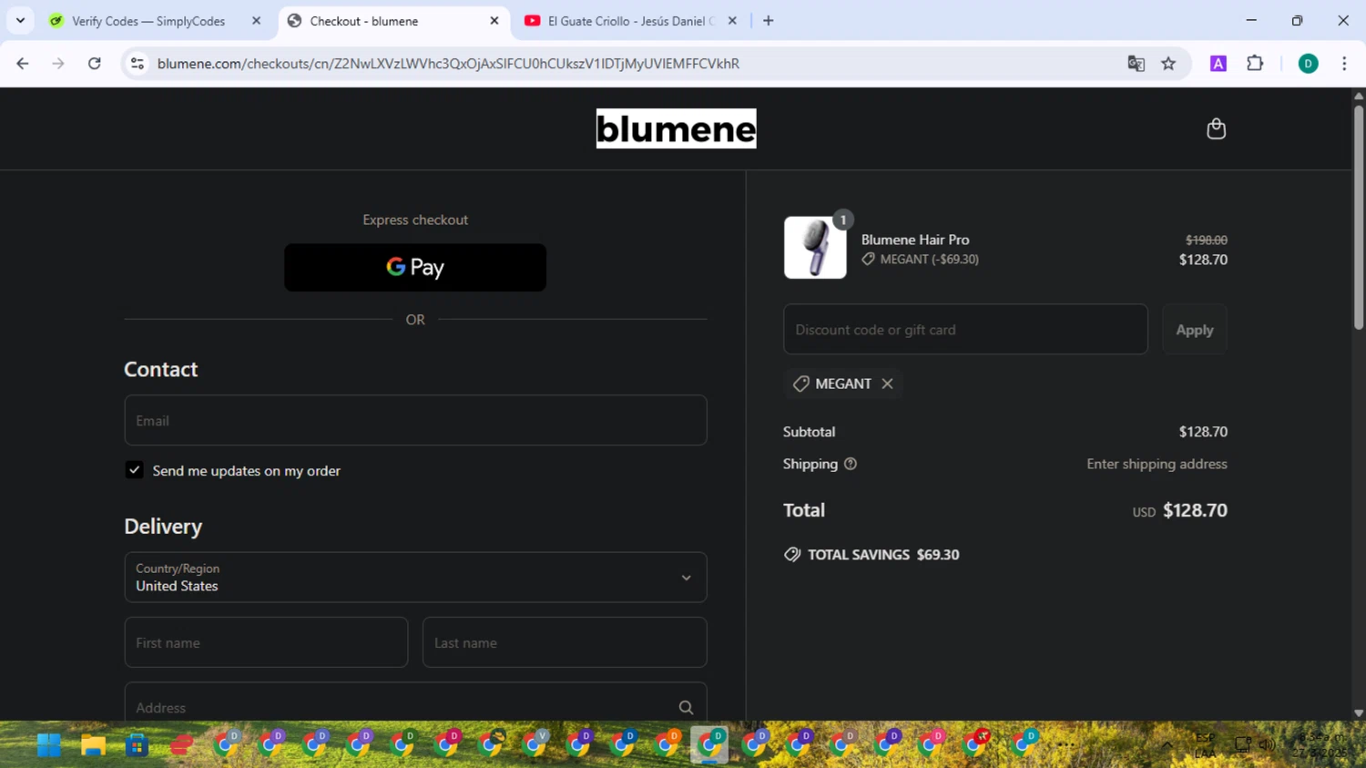 blumene discount code screenshot showing code MEGANT applied at blumene checkout page. Uploaded by SimplyCodes community member NobleSleuth2804 on Mar 27, 2025