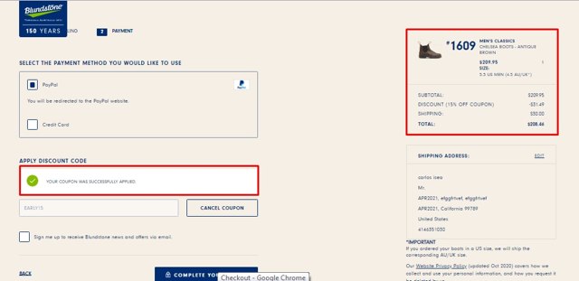 Blundstone checkout page showing Blundstone discount code box | Screenshot taken by SimplyCodes community member on Nov 25, 2020