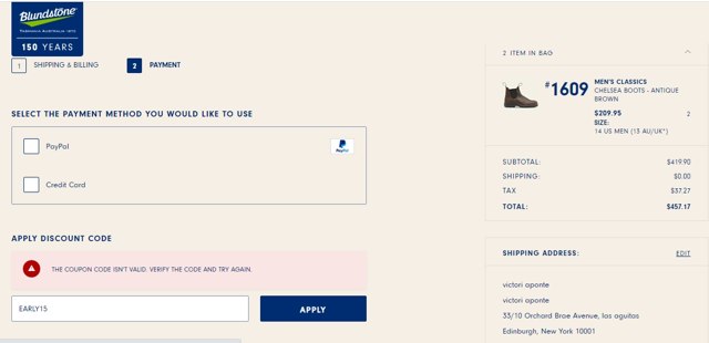 Blundstone checkout page showing Blundstone discount code box | Screenshot taken by SimplyCodes community member on Apr 27, 2021