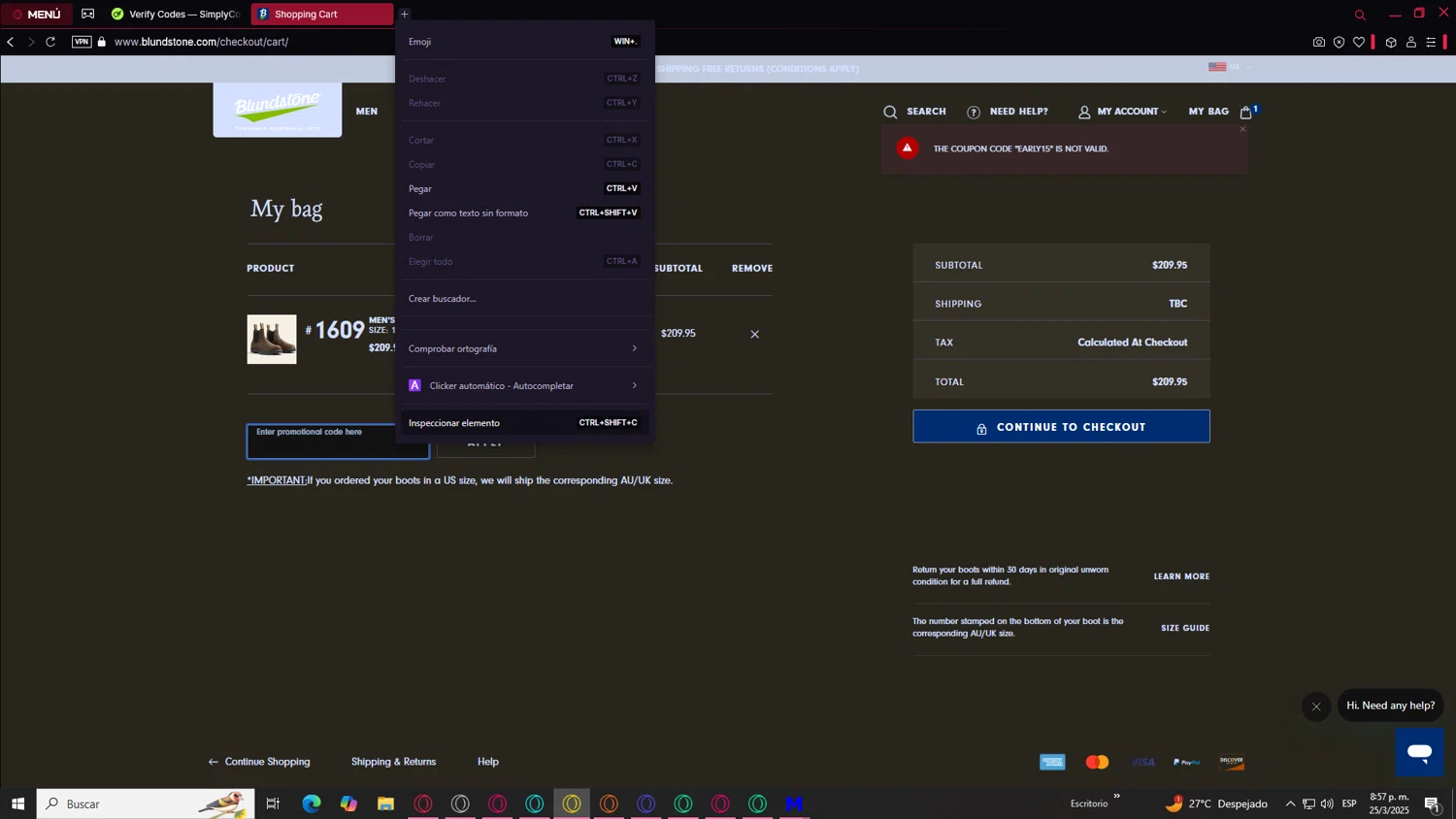 Blundstone discount code screenshot showing code EARLY15 applied at Blundstone checkout page. Uploaded by SimplyCodes community member MightySentinel3018 on Mar 26, 2025