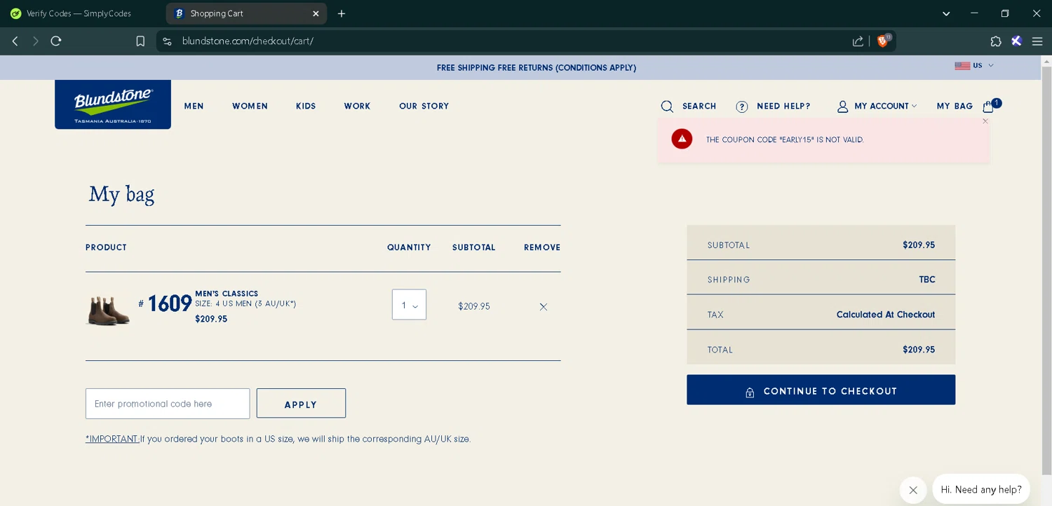 Blundstone discount code screenshot showing code EARLY15 applied at Blundstone checkout page. Uploaded by SimplyCodes community member RoyalMaverick7546 on Mar 26, 2025