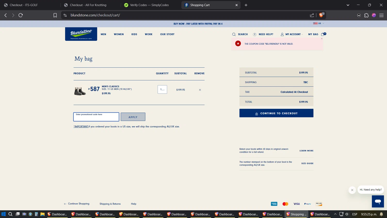 Blundstone discount code screenshot showing code EARLY15 applied at Blundstone checkout page. Uploaded by SimplyCodes community member Sesshomaru on Apr 8, 2025
