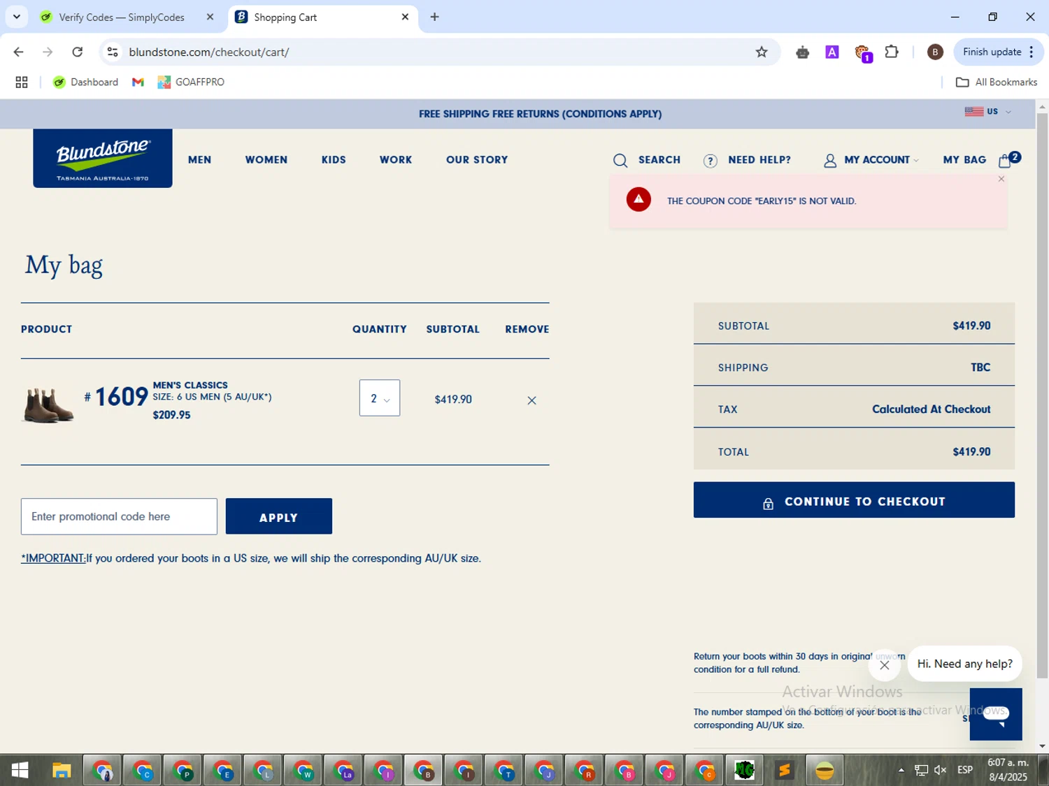 Blundstone discount code screenshot showing code EARLY15 applied at Blundstone checkout page. Uploaded by SimplyCodes community member ValueElite5604 on Apr 8, 2025