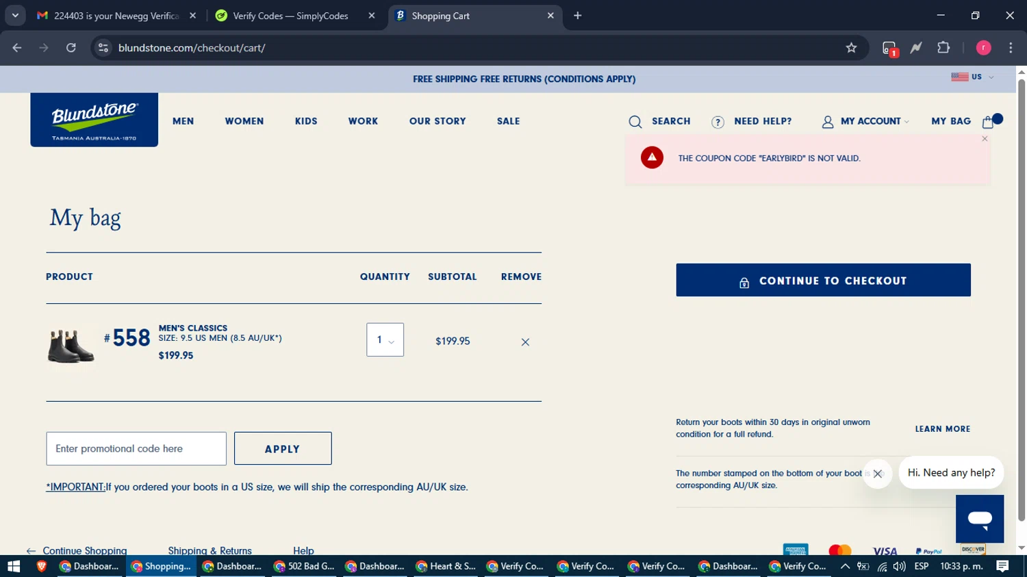 Blundstone discount code screenshot showing code earlybird applied at Blundstone checkout page. Uploaded by SimplyCodes community member WisePro3739 on Mar 12, 2025