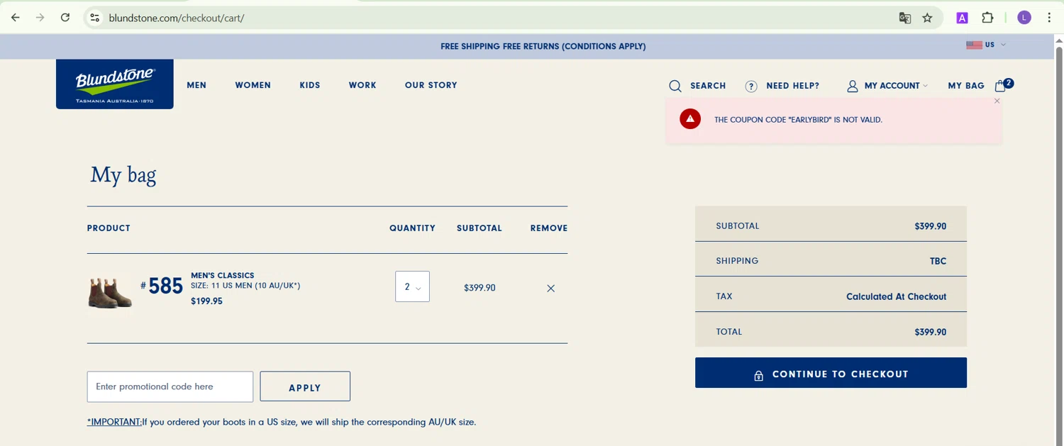 Blundstone discount code screenshot showing code earlybird applied at Blundstone checkout page. Uploaded by SimplyCodes community member xiolemarromero on Mar 26, 2025