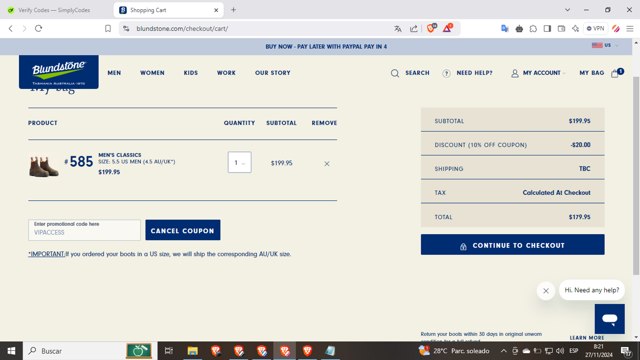 Blundstone checkout page showing Blundstone discount code box | Screenshot taken by SimplyCodes community member on Nov 27, 2024