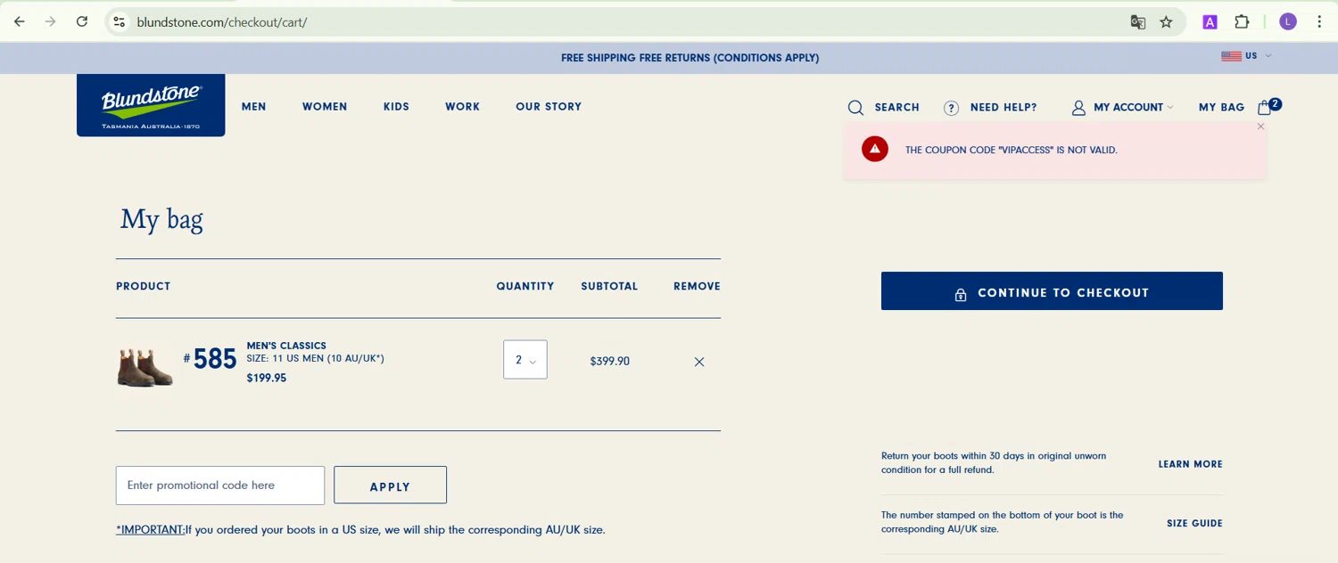 Blundstone discount code screenshot showing code VIPACCESS applied at Blundstone checkout page. Uploaded by SimplyCodes community member RoyalGenius4818 on Mar 26, 2025