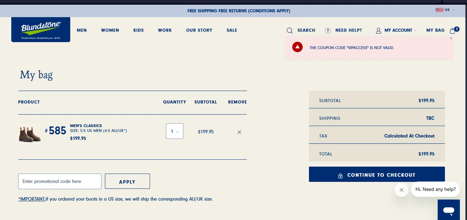Blundstone discount code screenshot showing code VIPACCESS applied at Blundstone checkout page. Uploaded by SimplyCodes community member juanisaac on Feb 24, 2025