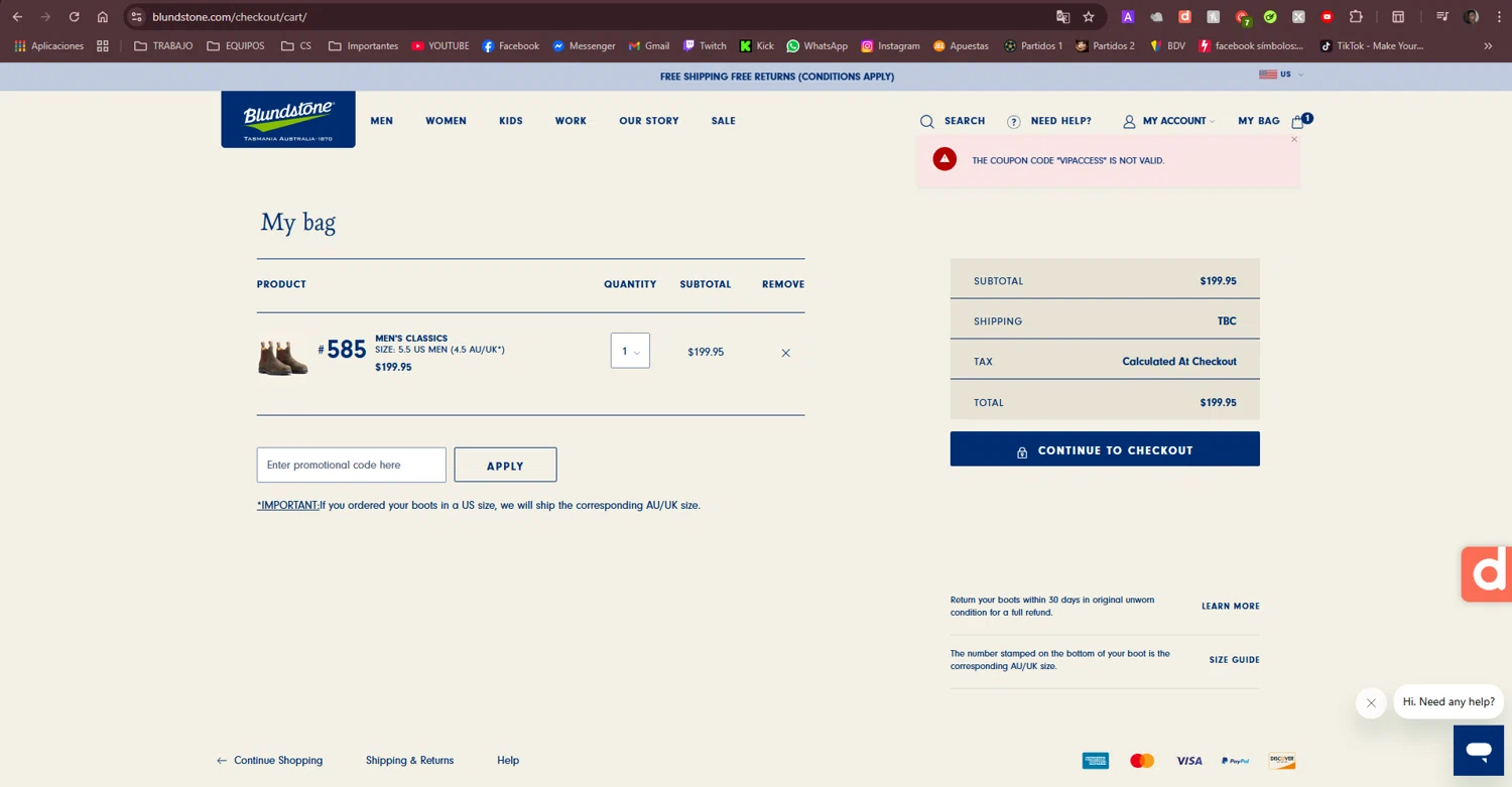 Blundstone discount code screenshot showing code VIPACCESS applied at Blundstone checkout page. Uploaded by SimplyCodes community member kelvinsuarez88 on Mar 12, 2025