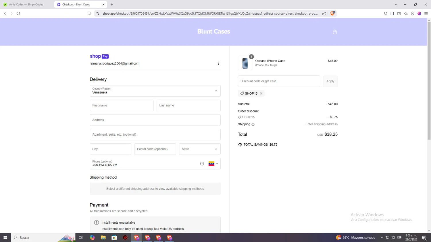 Blunt Cases discount code screenshot showing code SHOP15 applied at Blunt Cases checkout page. Uploaded by SimplyCodes community member Raiiii18 on Feb 23, 2025