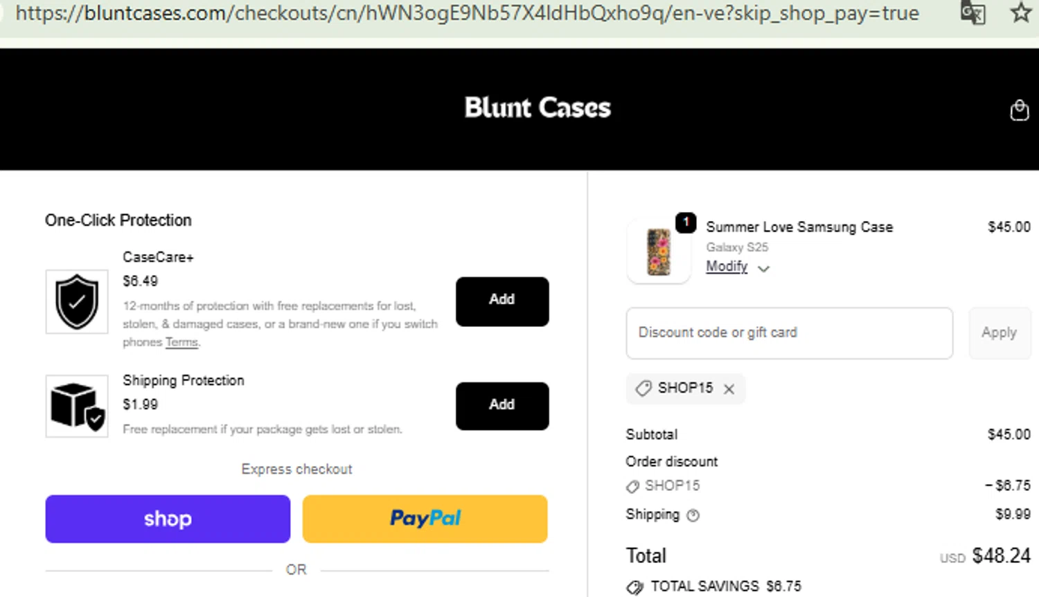Blunt Cases discount code screenshot showing code SHOP15 applied at Blunt Cases checkout page. Uploaded by SimplyCodes community member RewardFinder4836 on Oct 6, 2025