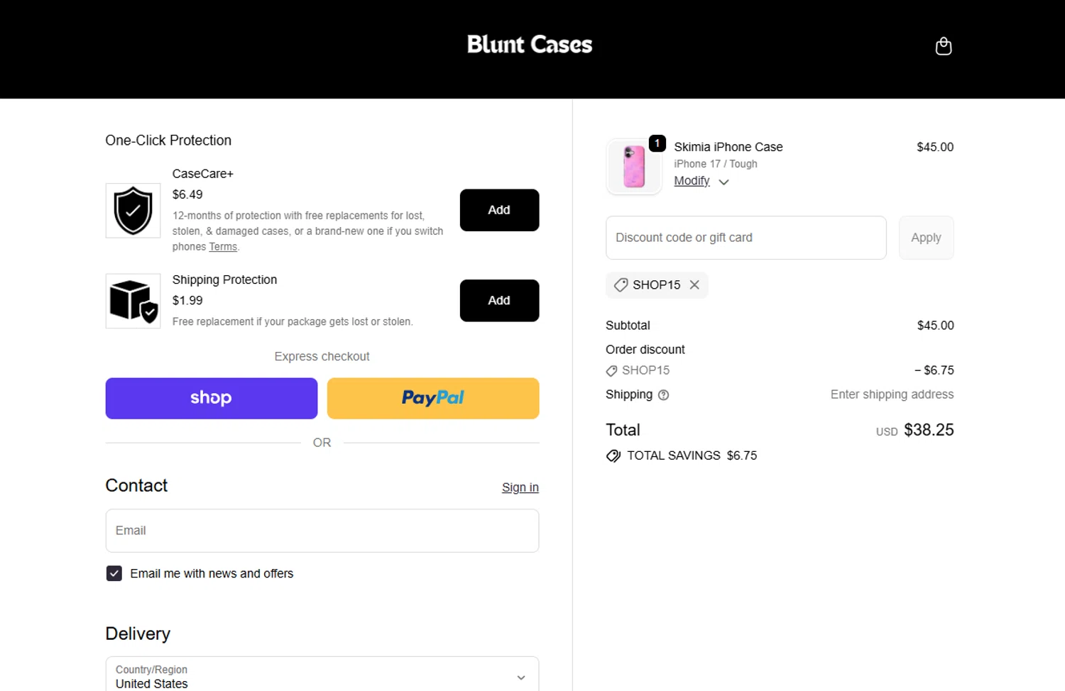 Blunt Cases discount code screenshot showing code SHOP15 applied at Blunt Cases checkout page. Uploaded by SimplyCodes community member ThriftyShopper3669 on Nov 9, 2025