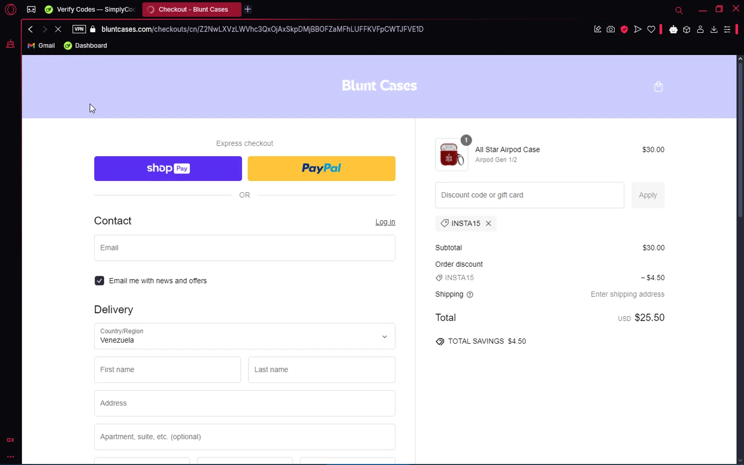 Blunt Cases discount code screenshot showing code INSTA15 applied at Blunt Cases checkout page. Uploaded by SimplyCodes community member editor_1 on Jan 24, 2025