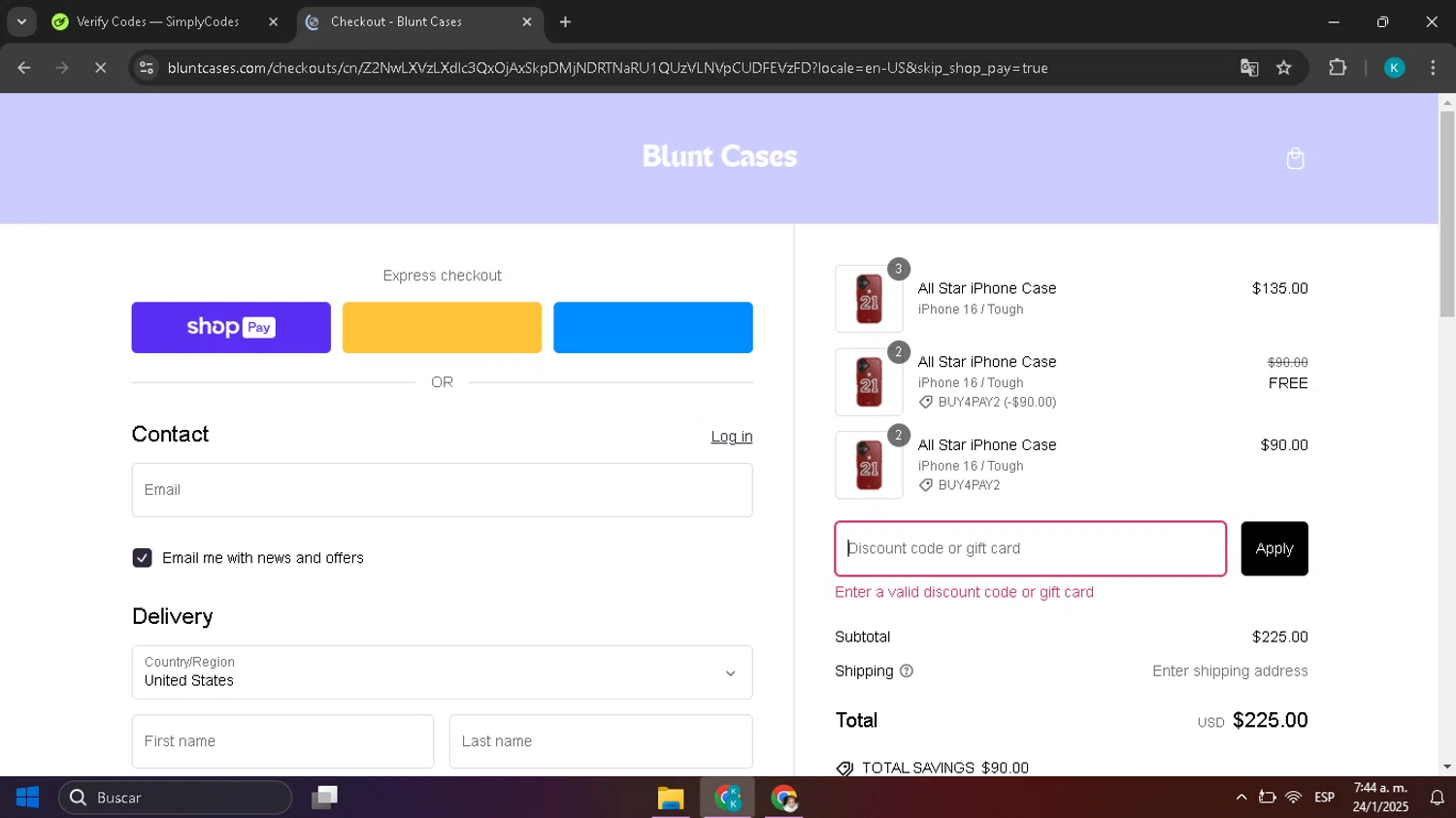 Blunt Cases discount code screenshot showing code INSTA15 applied at Blunt Cases checkout page. Uploaded by SimplyCodes community member CodeHunter9012 on Jan 24, 2025