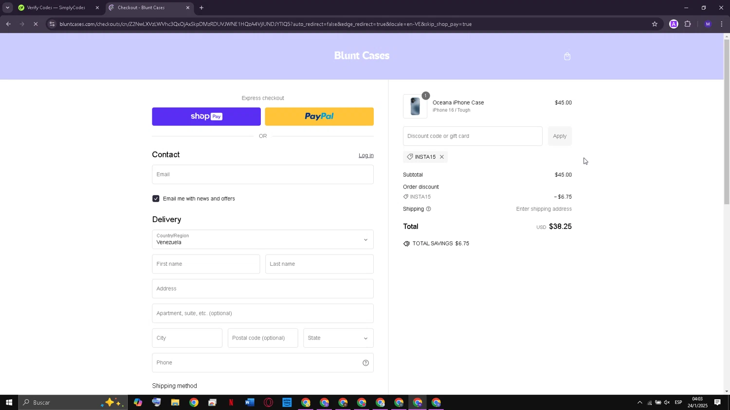 Blunt Cases discount code screenshot showing code INSTA15 applied at Blunt Cases checkout page. Uploaded by SimplyCodes community member PromoAdmiral3171 on Jan 24, 2025