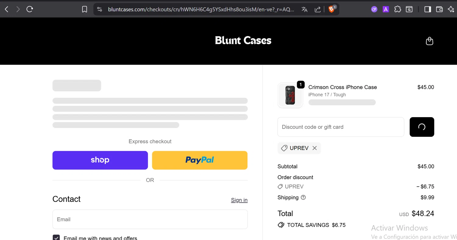 Blunt Cases discount code screenshot showing code UPREV applied at Blunt Cases checkout page. Uploaded by SimplyCodes community member Trump23 on Dec 10, 2025
