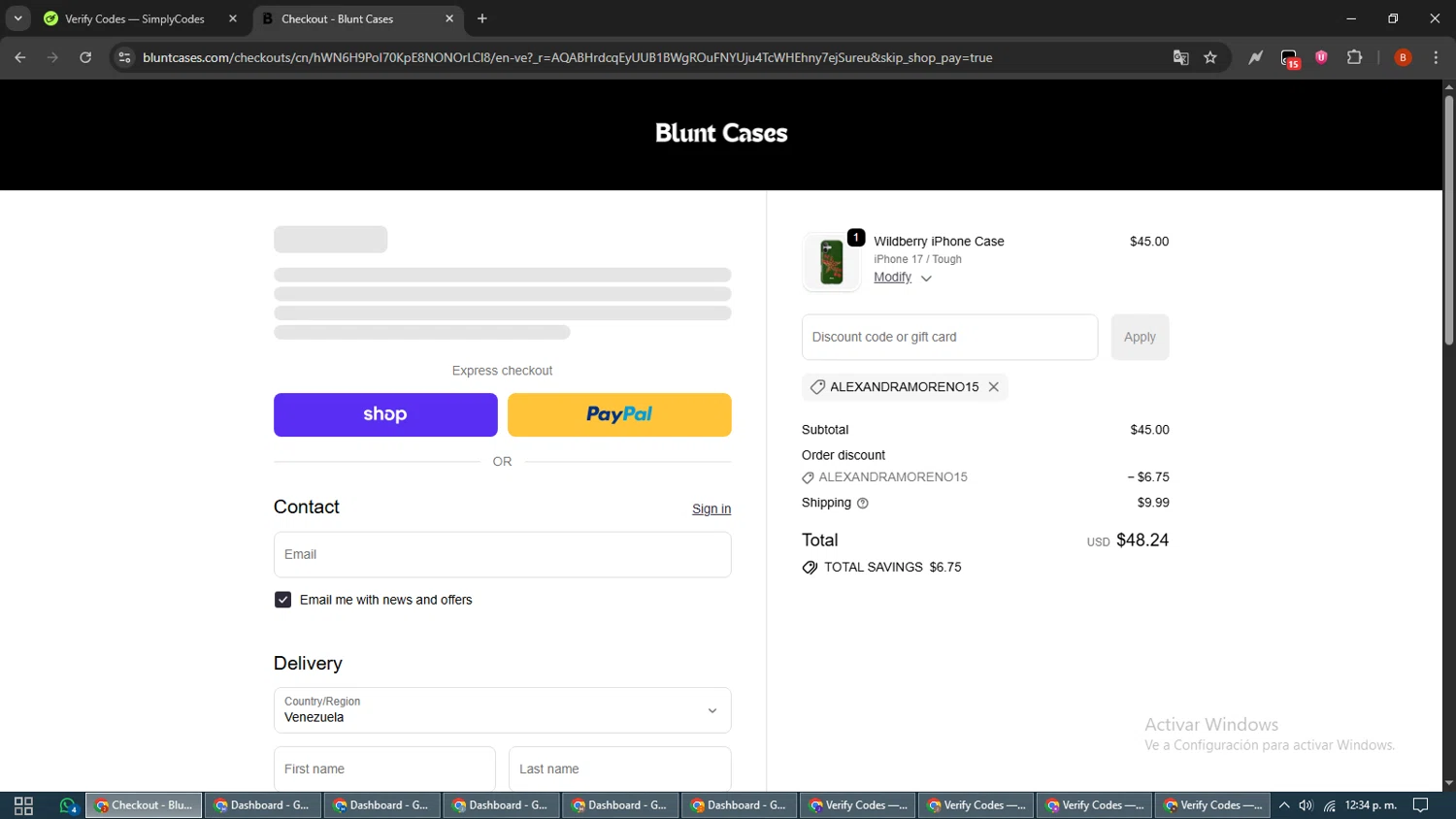 Blunt Cases discount code screenshot showing code Alexandramoreno15 applied at Blunt Cases checkout page. Uploaded by SimplyCodes community member BrilliantLynx7174 on Dec 10, 2025