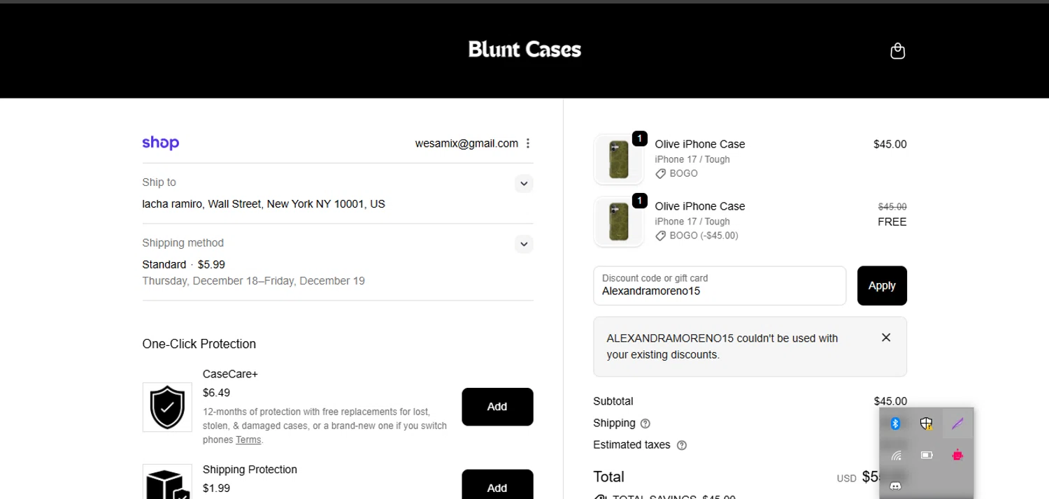 Blunt Cases discount code screenshot showing code Alexandramoreno15 applied at Blunt Cases checkout page. Uploaded by SimplyCodes community member coder_916642691 on Dec 10, 2025