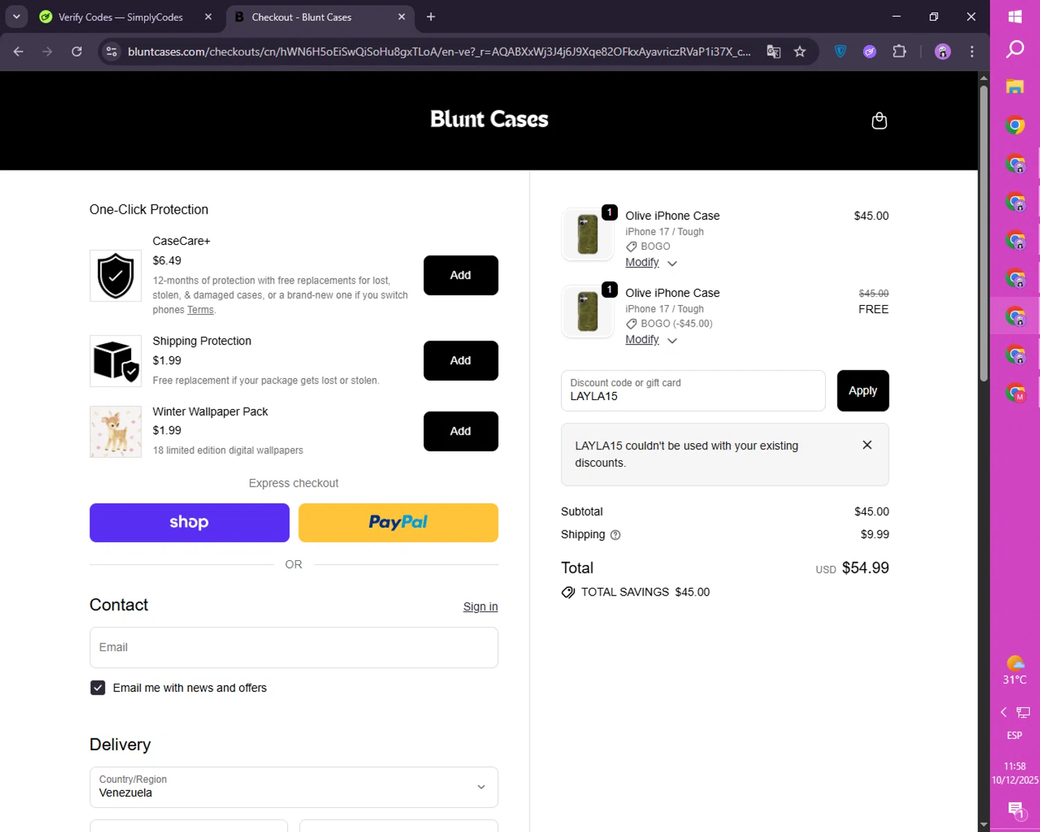 Blunt Cases discount code screenshot showing code LAYLA15 applied at Blunt Cases checkout page. Uploaded by SimplyCodes community member FortunateScholar4524 on Dec 10, 2025