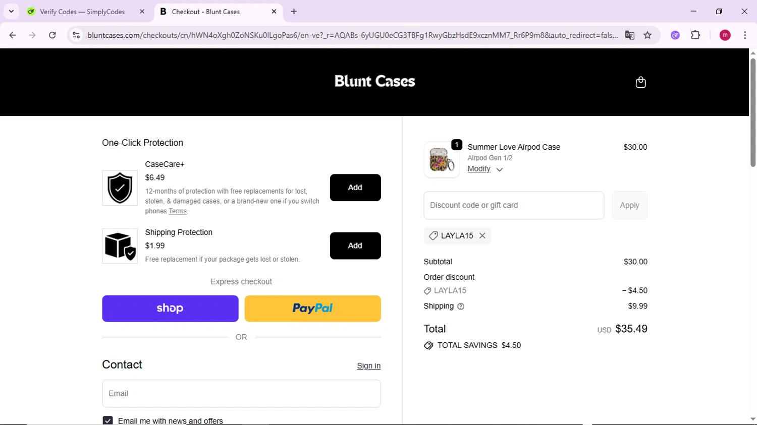 Blunt Cases discount code screenshot showing code LAYLA15 applied at Blunt Cases checkout page. Uploaded by SimplyCodes community member PrimeSage7080 on Nov 2, 2025