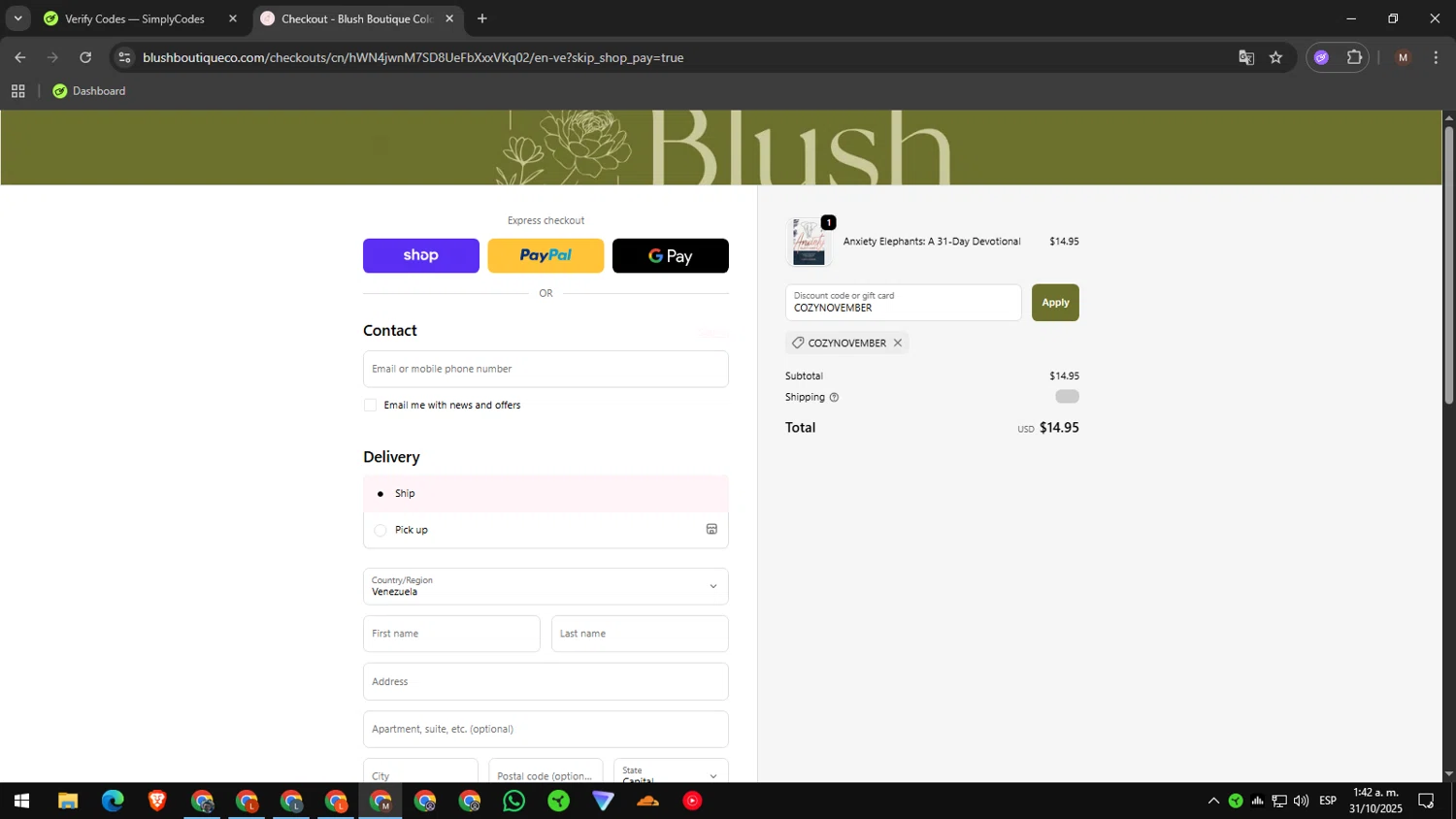 Blush Boutique Colorado checkout page showing Blush Boutique Colorado promo code box | Screenshot taken by SimplyCodes community member on Oct 31, 2025