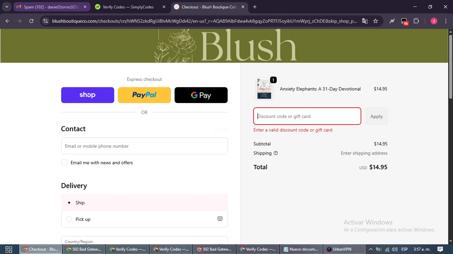 Blush Boutique Colorado promo code screenshot showing code COZYNOVEMBER applied at Blush Boutique Colorado checkout page. Uploaded by SimplyCodes community member MagnificentSpotter4236 on Nov 8, 2025