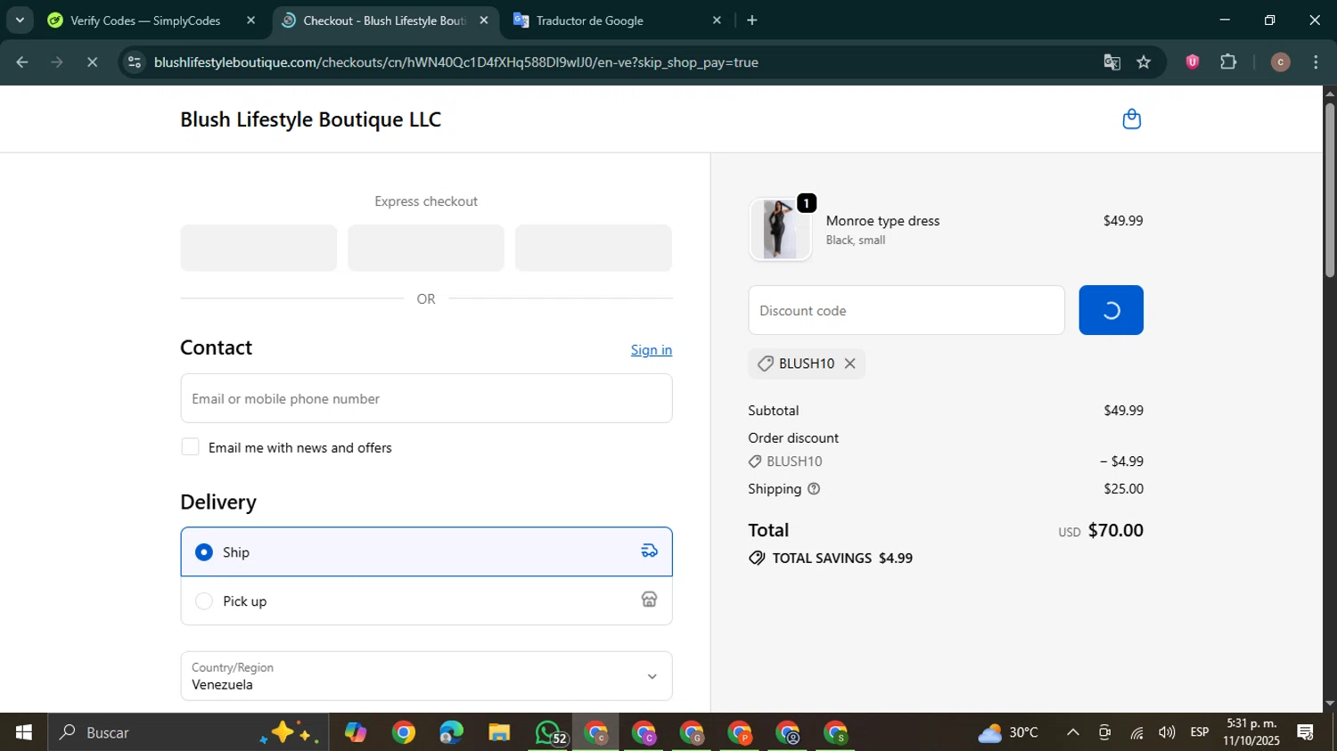 Blush lifestyle Boutique promo code screenshot showing code BLUSH10 applied at Blush lifestyle Boutique checkout page. Uploaded by SimplyCodes community member NobleExpert6497 on Oct 11, 2025