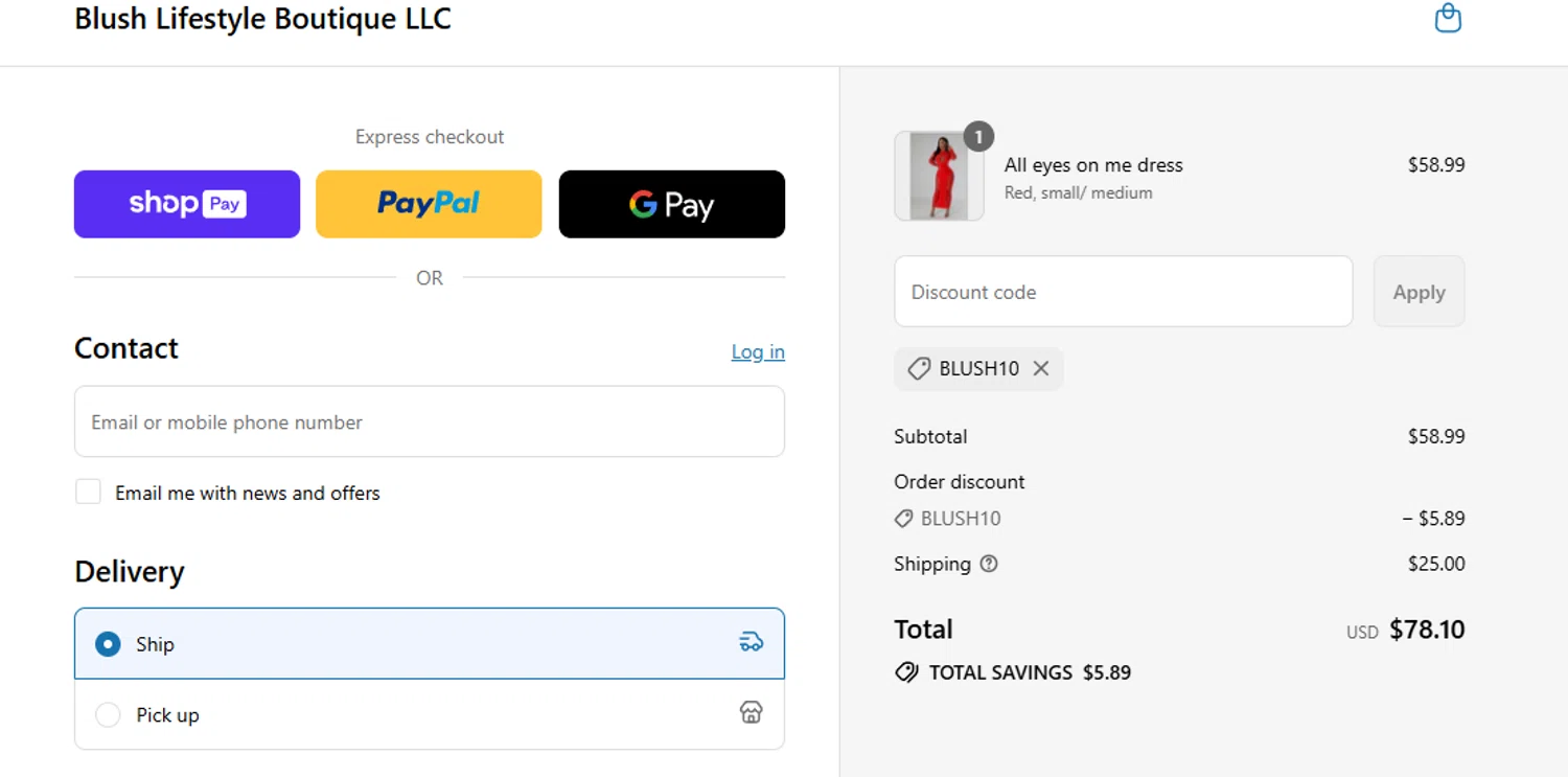 Blush lifestyle Boutique promo code screenshot showing code BLUSH10 applied at Blush lifestyle Boutique checkout page. Uploaded by SimplyCodes community member aumentadax10 on Aug 14, 2025