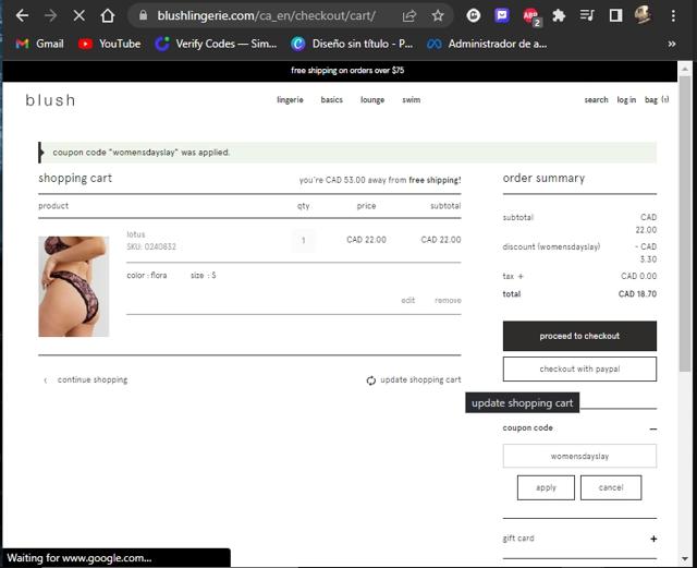 Blush Lingerie checkout page showing Blush Lingerie discount code box | Screenshot taken by SimplyCodes community member on Mar 8, 2023