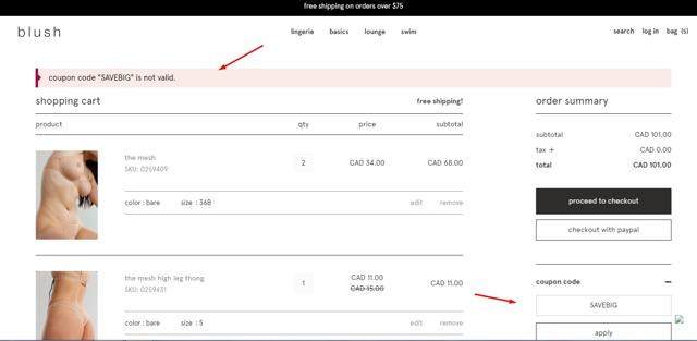 Blush Lingerie checkout page showing Blush Lingerie discount code box | Screenshot taken by SimplyCodes community member on Aug 20, 2023