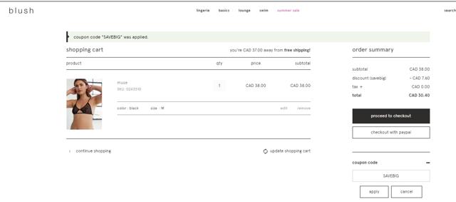 Blush Lingerie checkout page showing Blush Lingerie discount code box | Screenshot taken by SimplyCodes community member on Jul 22, 2023
