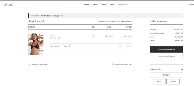 Blush Lingerie checkout page showing Blush Lingerie discount code box | Screenshot taken by SimplyCodes community member on Jul 22, 2023